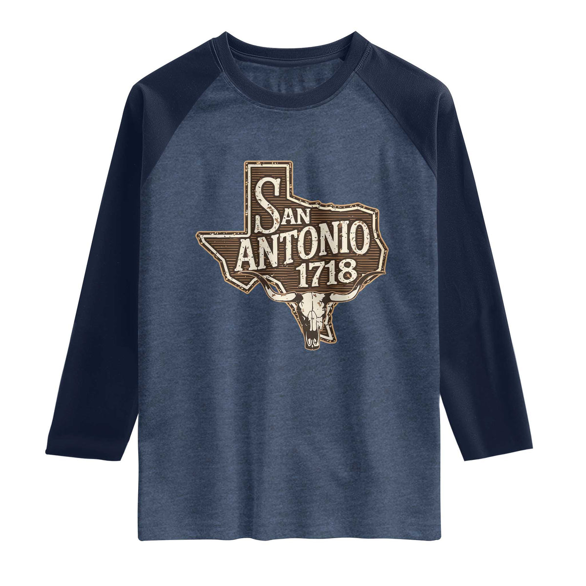 Vintage San Antonio Texas Est 1718 Longhorn Cow Skull Raglan Shirt TS11 Heather Denim Navy Print Your Wear