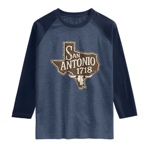 Vintage San Antonio Texas Est 1718 Longhorn Cow Skull Raglan Shirt TS11 Heather Denim Navy Print Your Wear