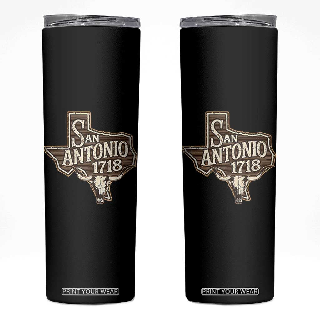Vintage San Antonio Texas Est 1718 Longhorn Cow Skull Skinny Tumbler TS11 Black Print Your Wear