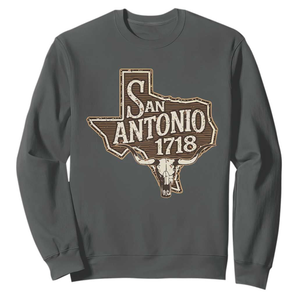 Vintage San Antonio Texas Est 1718 Longhorn Cow Skull Sweatshirt TS11 Dark Heather Print Your Wear