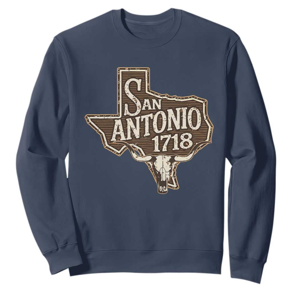 Vintage San Antonio Texas Est 1718 Longhorn Cow Skull Sweatshirt TS11 Navy Print Your Wear