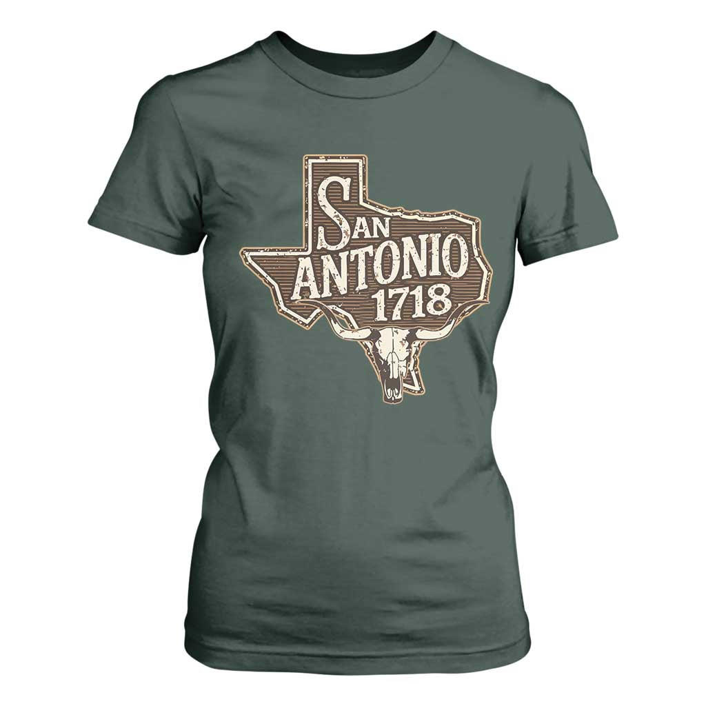 Vintage San Antonio Texas Est 1718 Longhorn Cow Skull T Shirt For Women TS11 Dark Forest Green Print Your Wear