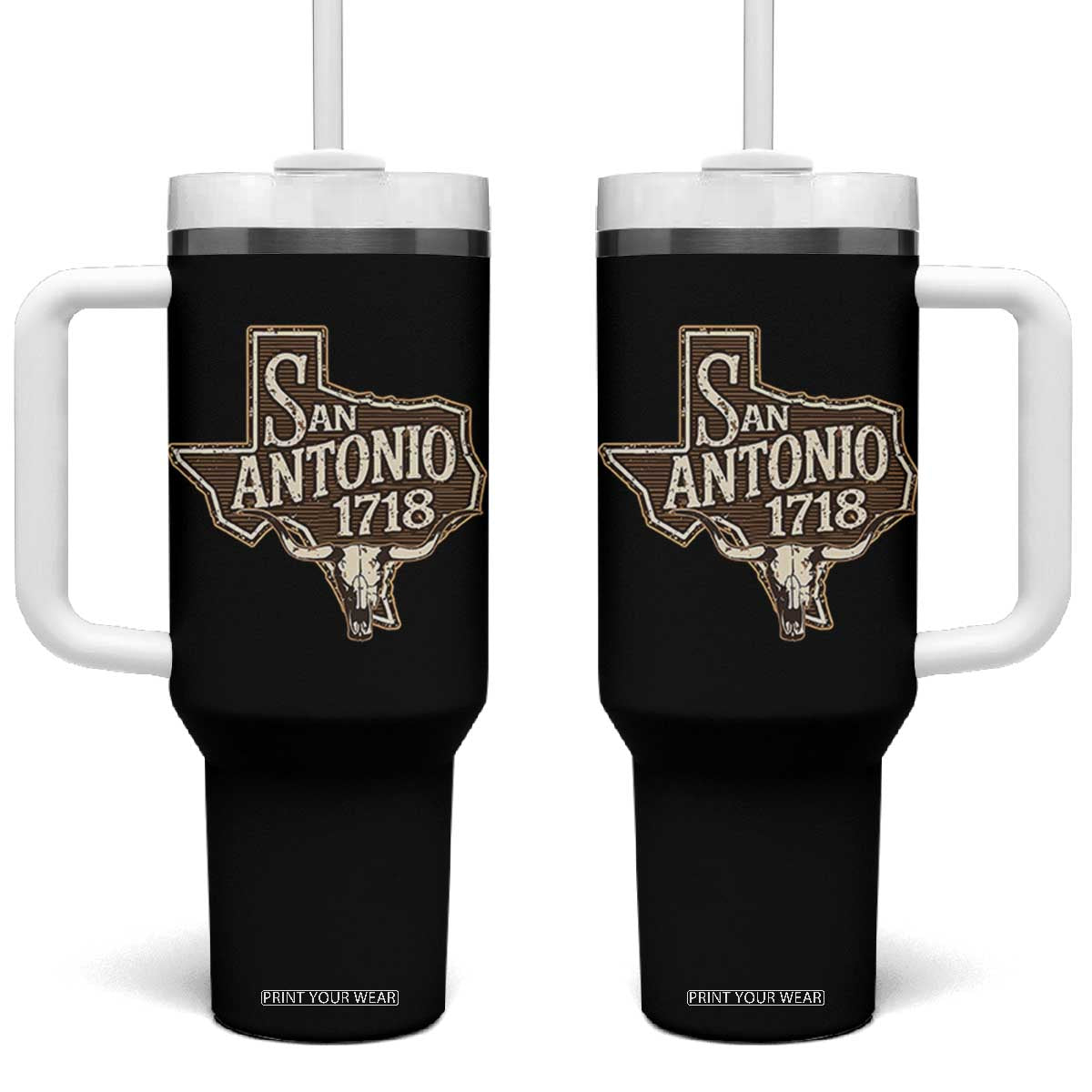 Vintage San Antonio Texas Est 1718 Longhorn Cow Skull Tumbler With Handle TS11 One Size: 40 oz Black Print Your Wear