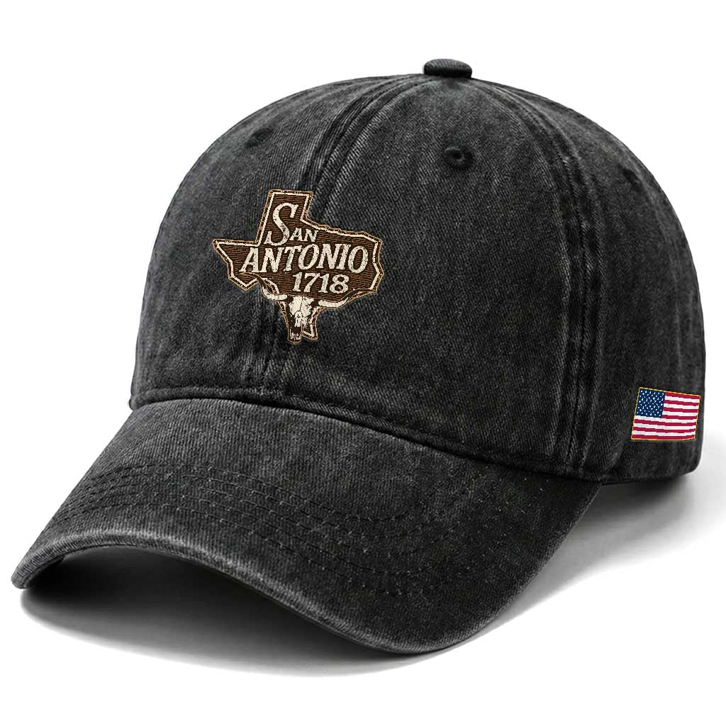 Vintage San Antonio Texas Est 1718 Longhorn Cow Skull Washed Cotton Baseball Cap TS11 Print Your Wear