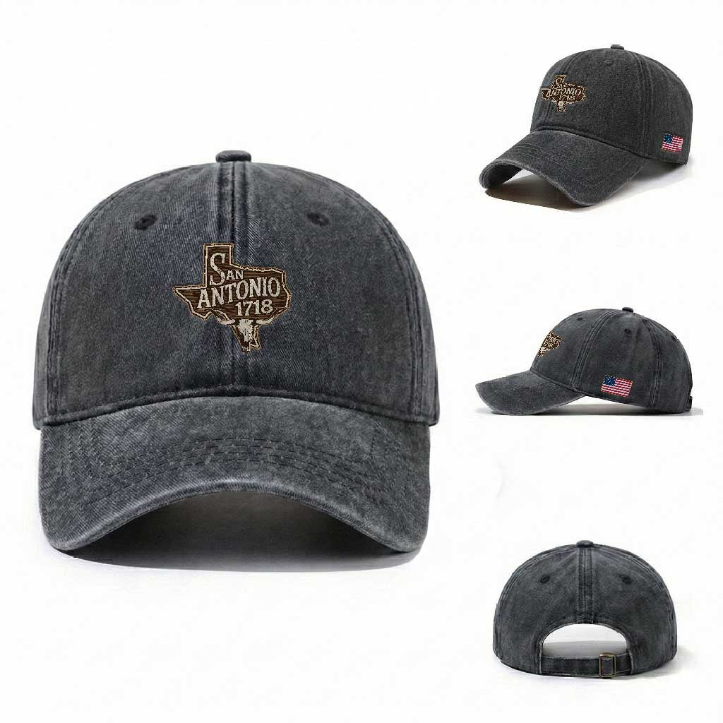 Vintage San Antonio Texas Est 1718 Longhorn Cow Skull Washed Cotton Baseball Cap TS11 Washed Cap Universal Fit Dark Gray Print Your Wear