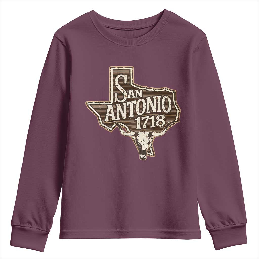 Vintage San Antonio Texas Est 1718 Longhorn Cow Skull Youth Sweatshirt TS11 Maroon Print Your Wear