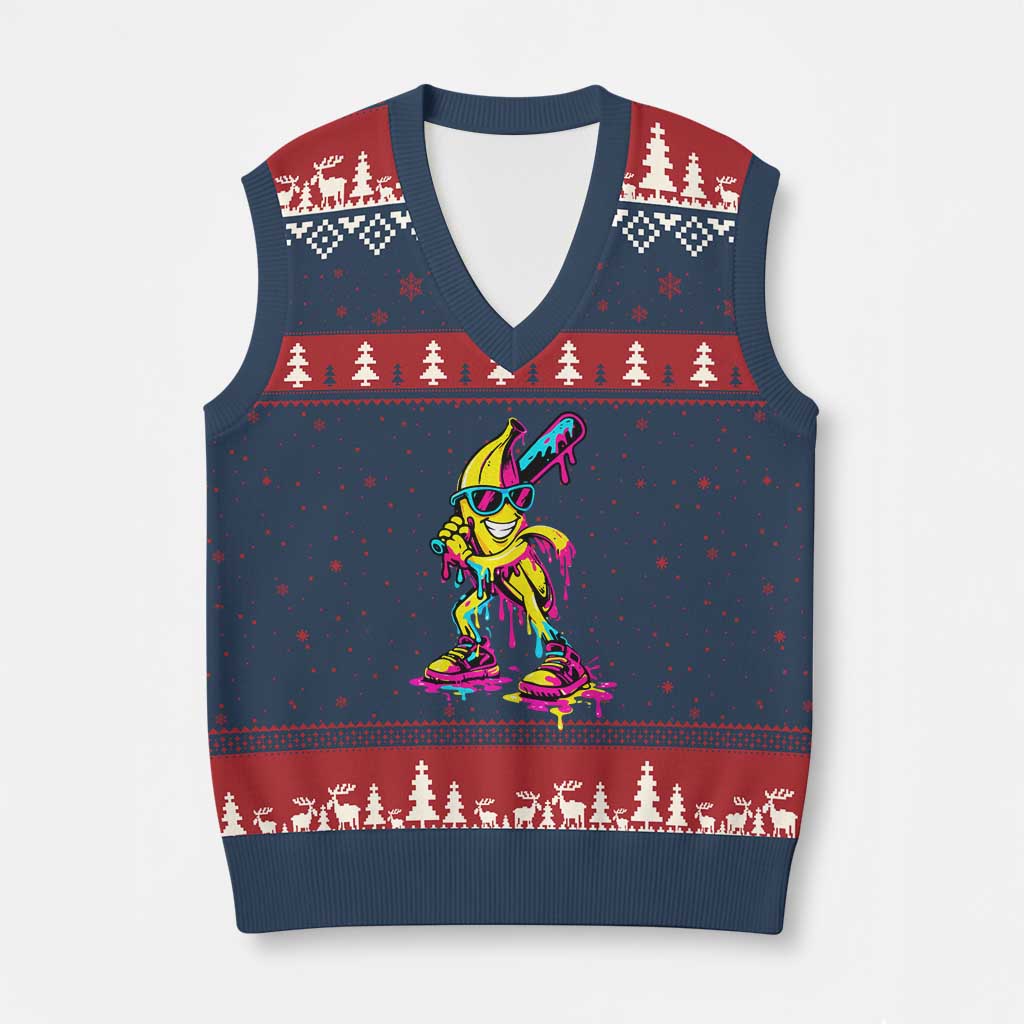 Funny Banana Baseball Drip Ice Cream Splatter V-Neck Knit Sweater Vest TS11 Navy Red Print Your Wear