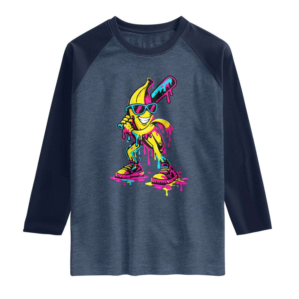 Funny Banana Baseball Drip Ice Cream Splatter Raglan Shirt TS11 Heather Denim Navy Print Your Wear