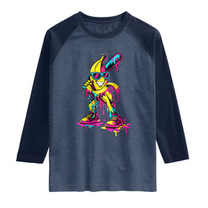 Funny Banana Baseball Drip Ice Cream Splatter Raglan Shirt TS11 Heather Denim Navy Print Your Wear