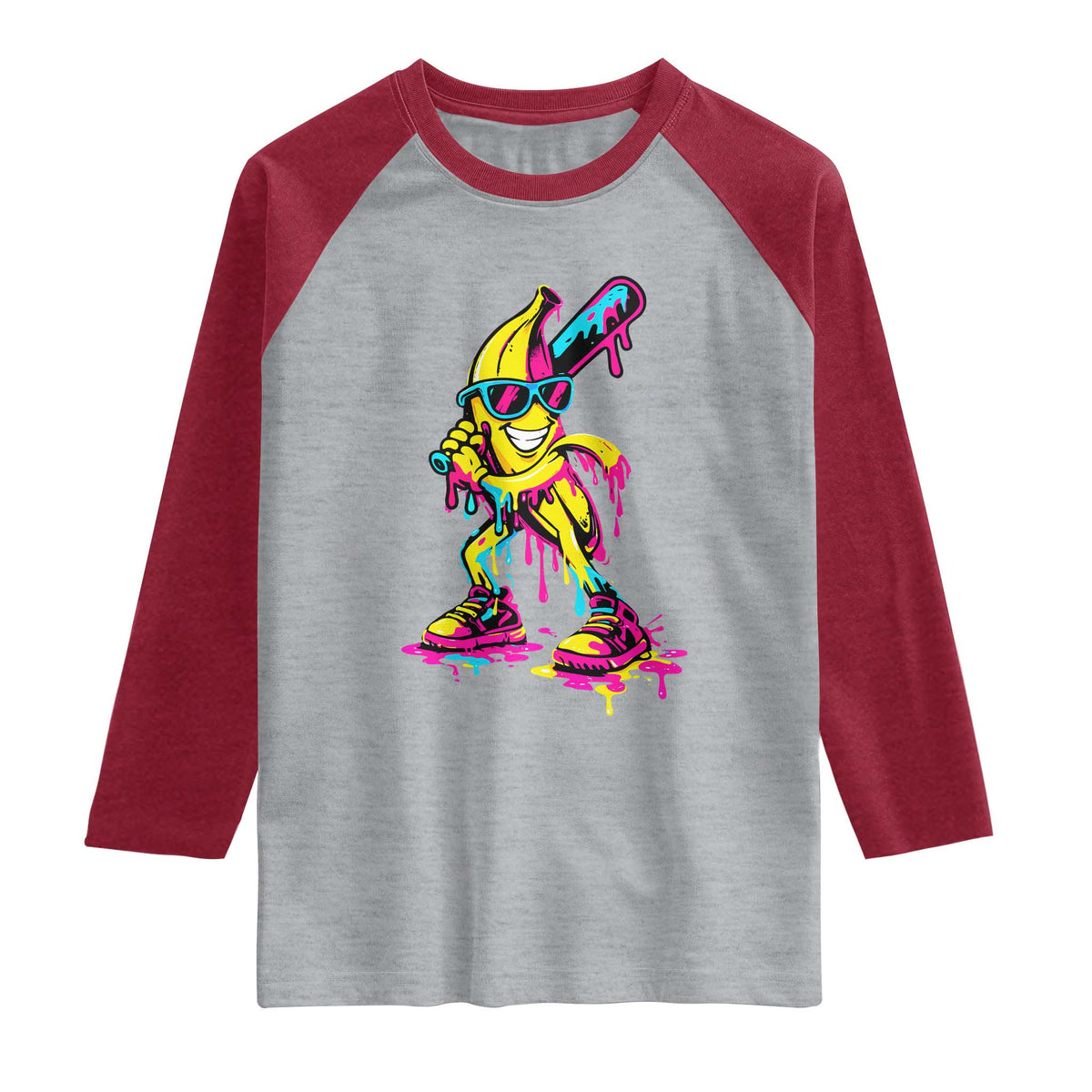 Funny Banana Baseball Drip Ice Cream Splatter Raglan Shirt TS11 Heather Gray Heather Red Print Your Wear