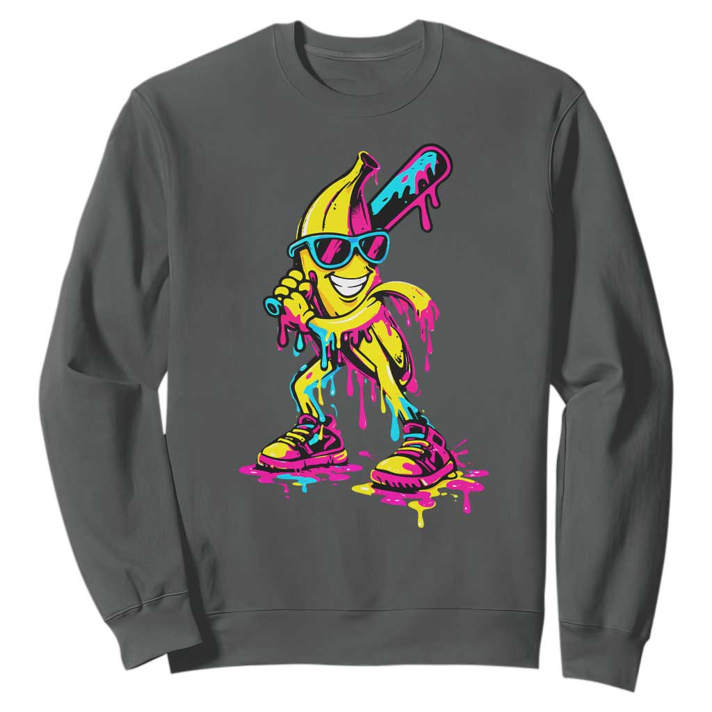 Funny Banana Baseball Drip Ice Cream Splatter Sweatshirt TS11 Dark Heather Print Your Wear