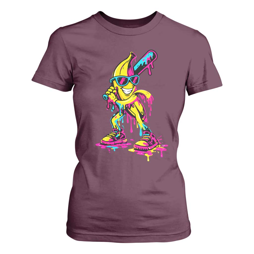 Funny Banana Baseball Drip Ice Cream Splatter T Shirt For Women TS11 Maroon Print Your Wear