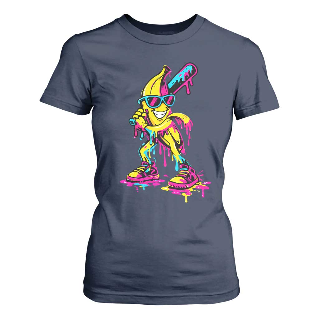 Funny Banana Baseball Drip Ice Cream Splatter T Shirt For Women TS11 Navy Print Your Wear