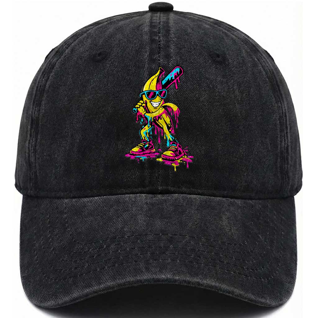 Funny Banana Baseball Drip Ice Cream Splatter Washed Cotton Baseball Cap TS11 Washed Cap Universal Fit Black Print Your Wear