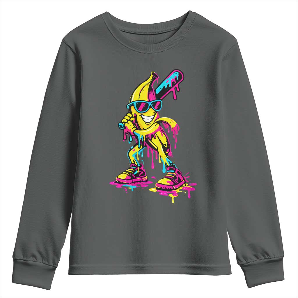 Funny Banana Baseball Drip Ice Cream Splatter Youth Sweatshirt TS11 Dark Heather Print Your Wear