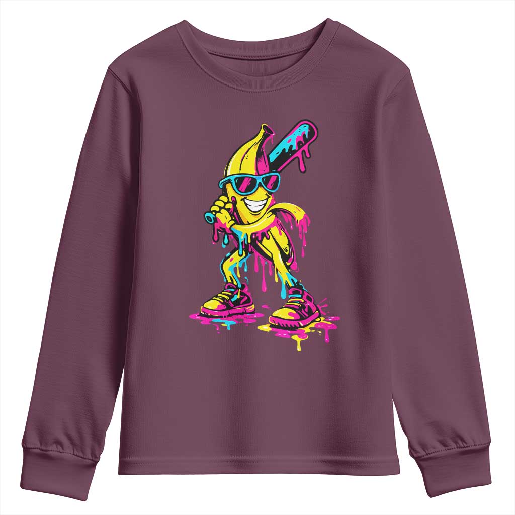 Funny Banana Baseball Drip Ice Cream Splatter Youth Sweatshirt TS11 Maroon Print Your Wear