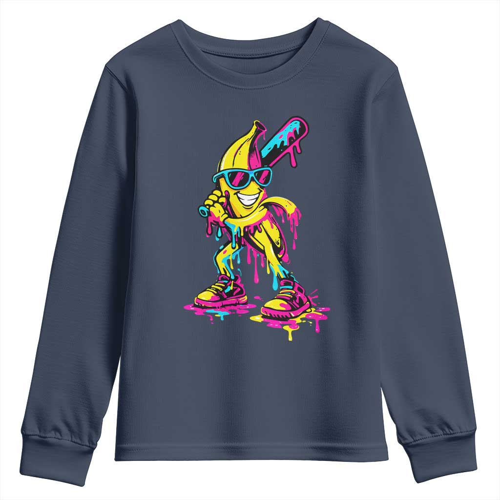 Funny Banana Baseball Drip Ice Cream Splatter Youth Sweatshirt TS11 Navy Print Your Wear