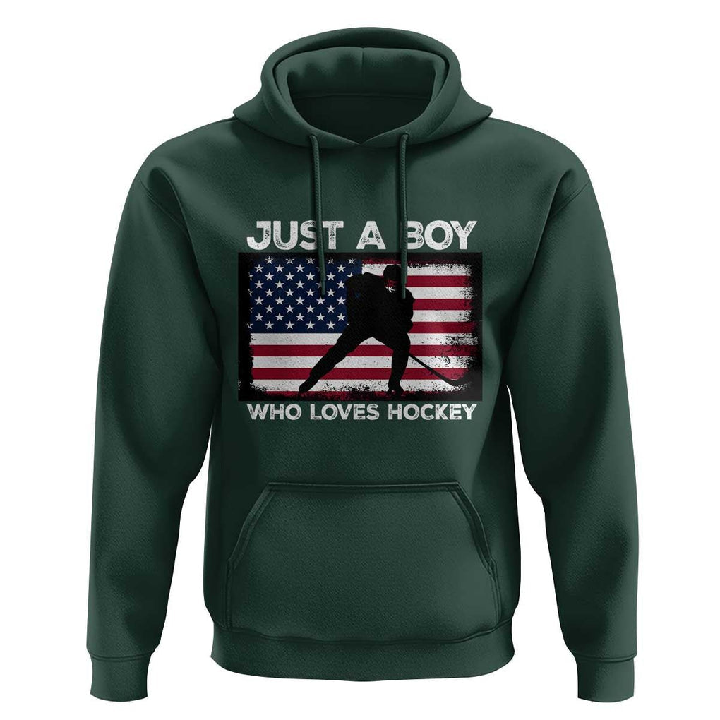 Ice Hockey Lover Hoodie Just A Boy Who Loves Hockey USA Flag TS11 Dark Forest Green Print Your Wear
