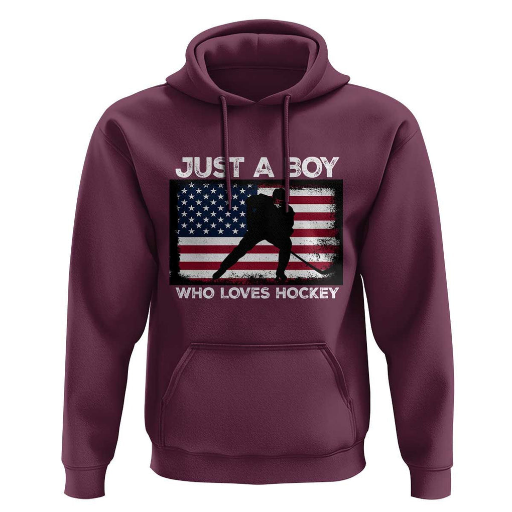 Ice Hockey Lover Hoodie Just A Boy Who Loves Hockey USA Flag TS11 Maroon Print Your Wear