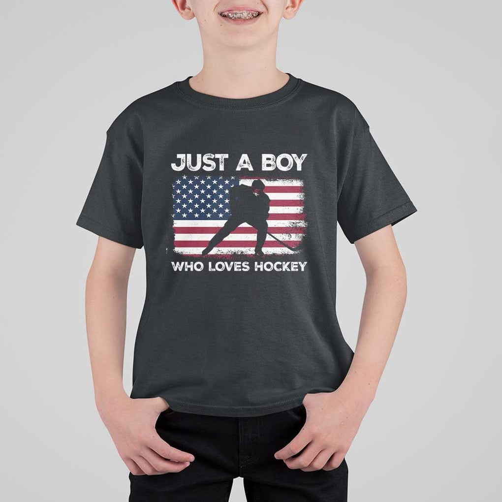 Ice Hockey Lover T Shirt For Kid Just A Boy Who Loves Hockey USA Flag TS11 Black Print Your Wear