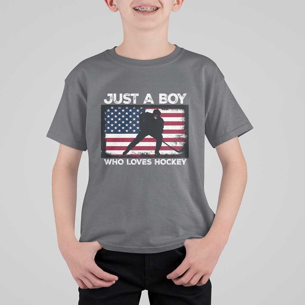 Ice Hockey Lover T Shirt For Kid Just A Boy Who Loves Hockey USA Flag TS11 Charcoal Print Your Wear