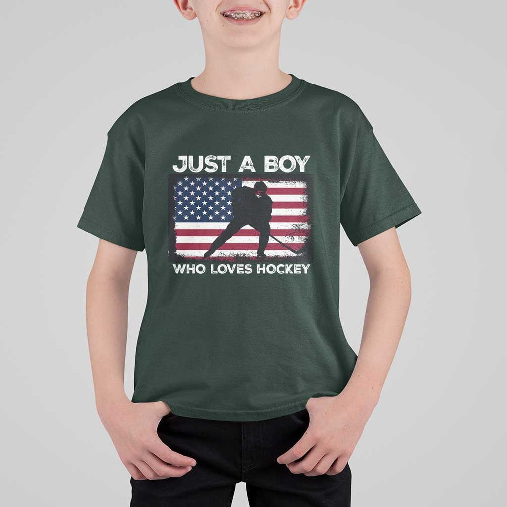 Ice Hockey Lover T Shirt For Kid Just A Boy Who Loves Hockey USA Flag TS11 Dark Forest Green Print Your Wear