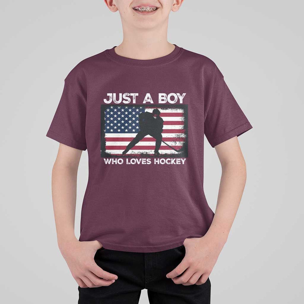 Ice Hockey Lover T Shirt For Kid Just A Boy Who Loves Hockey USA Flag TS11 Maroon Print Your Wear