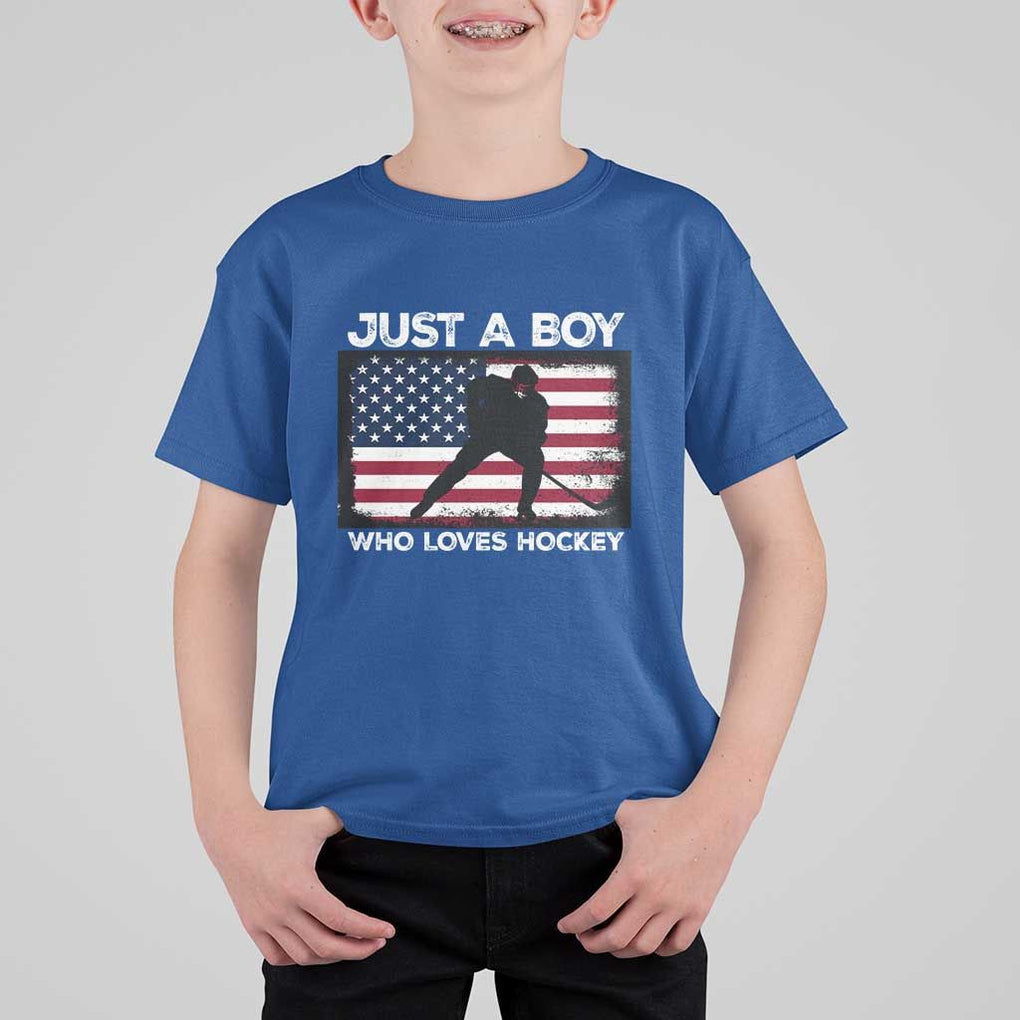 Ice Hockey Lover T Shirt For Kid Just A Boy Who Loves Hockey USA Flag TS11 Royal Blue Print Your Wear