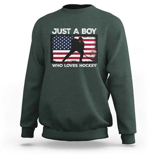Ice Hockey Lover Sweatshirt Just A Boy Who Loves Hockey USA Flag TS11 Dark Forest Green Print Your Wear