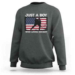 Ice Hockey Lover Sweatshirt Just A Boy Who Loves Hockey USA Flag TS11 Dark Heather Print Your Wear