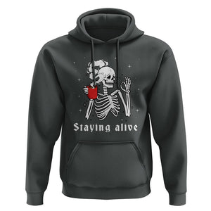 Funny Skull Hoodie Staying Alive Skeleton Drink Coffee TS11 Dark Heather Print Your Wear