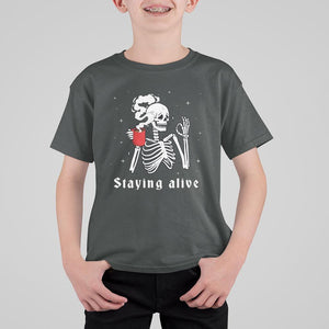 Funny Skull T Shirt For Kid Staying Alive Skeleton Drink Coffee TS11 Dark Heather Print Your Wear