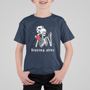 Funny Skull T Shirt For Kid Staying Alive Skeleton Drink Coffee TS11 Navy Print Your Wear