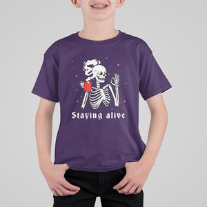 Funny Skull T Shirt For Kid Staying Alive Skeleton Drink Coffee TS11 Purple Print Your Wear