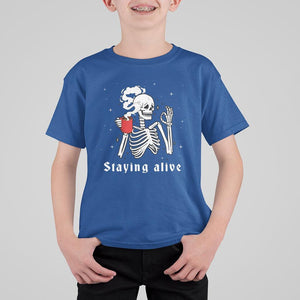 Funny Skull T Shirt For Kid Staying Alive Skeleton Drink Coffee TS11 Royal Blue Print Your Wear