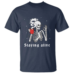 Funny Skull T Shirt Staying Alive Skeleton Drink Coffee TS11 Navy Print Your Wear