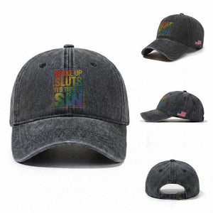 Funny Wake Up Sluts Its Time To Sin LGBTQ Washed Cotton Baseball Cap TS11 Washed Cap Universal Fit Dark Gray Print Your Wear