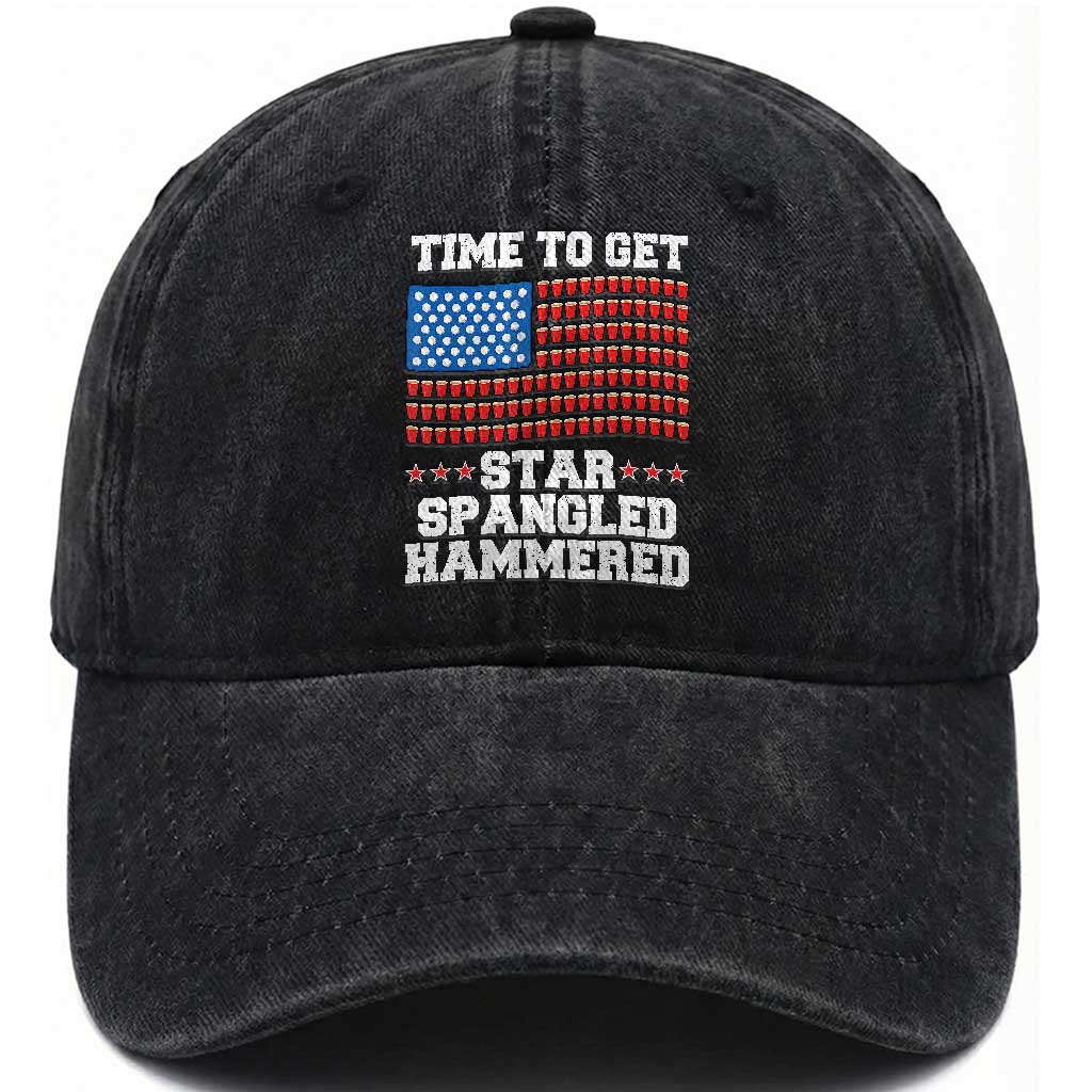 Funny Time To Get Star Spangled Hammered Washed Cotton Baseball Cap 4th of July Drinking Beer Pong Red Cup American Flag TS11 Washed Cap Universal Fit Black Print Your Wear