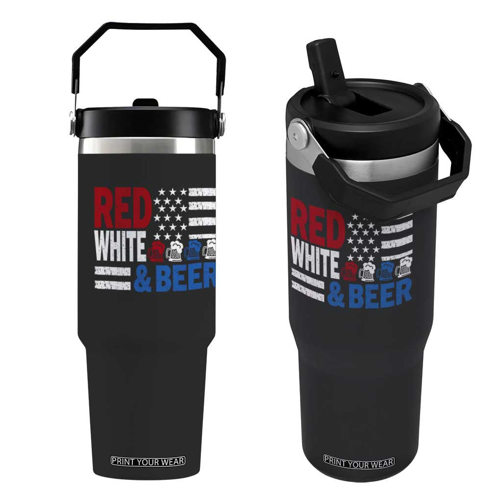 Funny American Drinking Flip Straw Tumbler Red White And Beer 4th Of July USA Flag TS11 One Size: 30 oz Black Print Your Wear