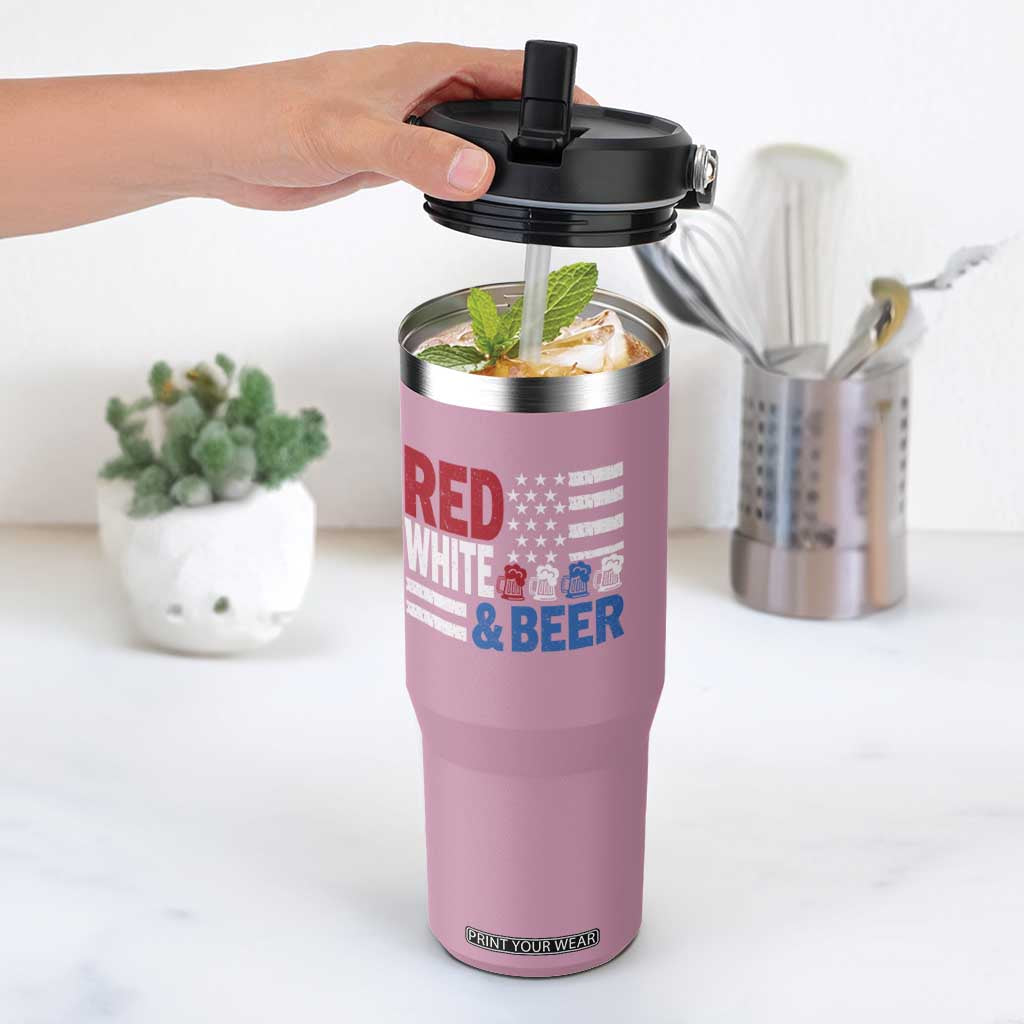 Funny American Drinking Flip Straw Tumbler Red White And Beer 4th Of July USA Flag TS11 One Size: 30 oz Light Pink Print Your Wear