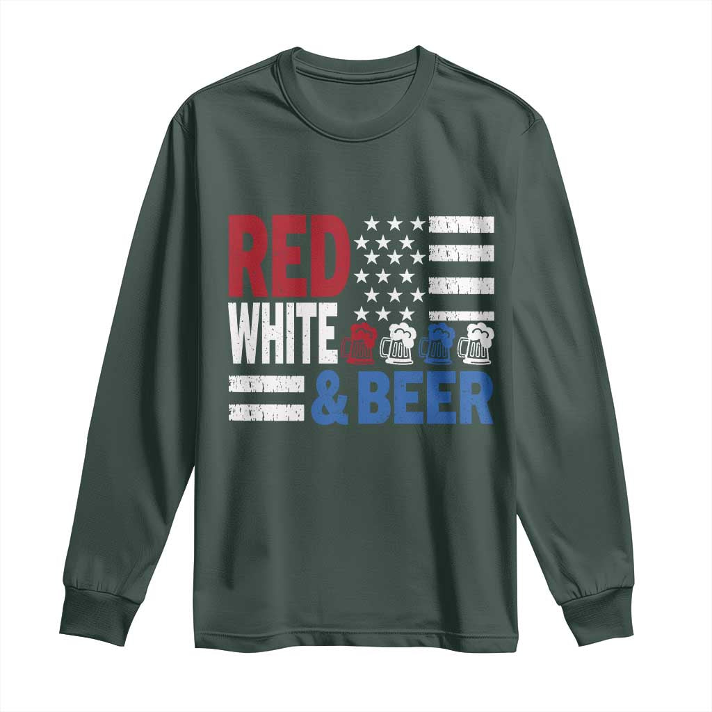 Funny American Drinking Long Sleeve Shirt Red White And Beer 4th Of July USA Flag TS11 Dark Forest Green Print Your Wear