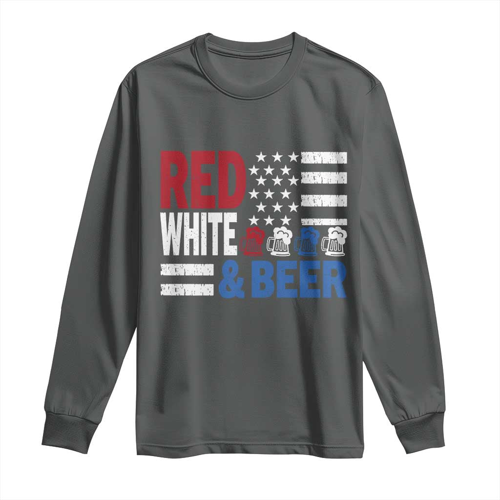 Funny American Drinking Long Sleeve Shirt Red White And Beer 4th Of July USA Flag TS11 Dark Heather Print Your Wear