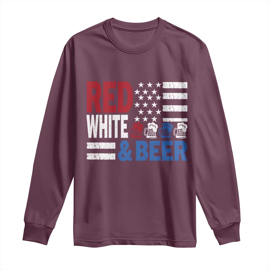 Funny American Drinking Long Sleeve Shirt Red White And Beer 4th Of July USA Flag TS11 Maroon Print Your Wear