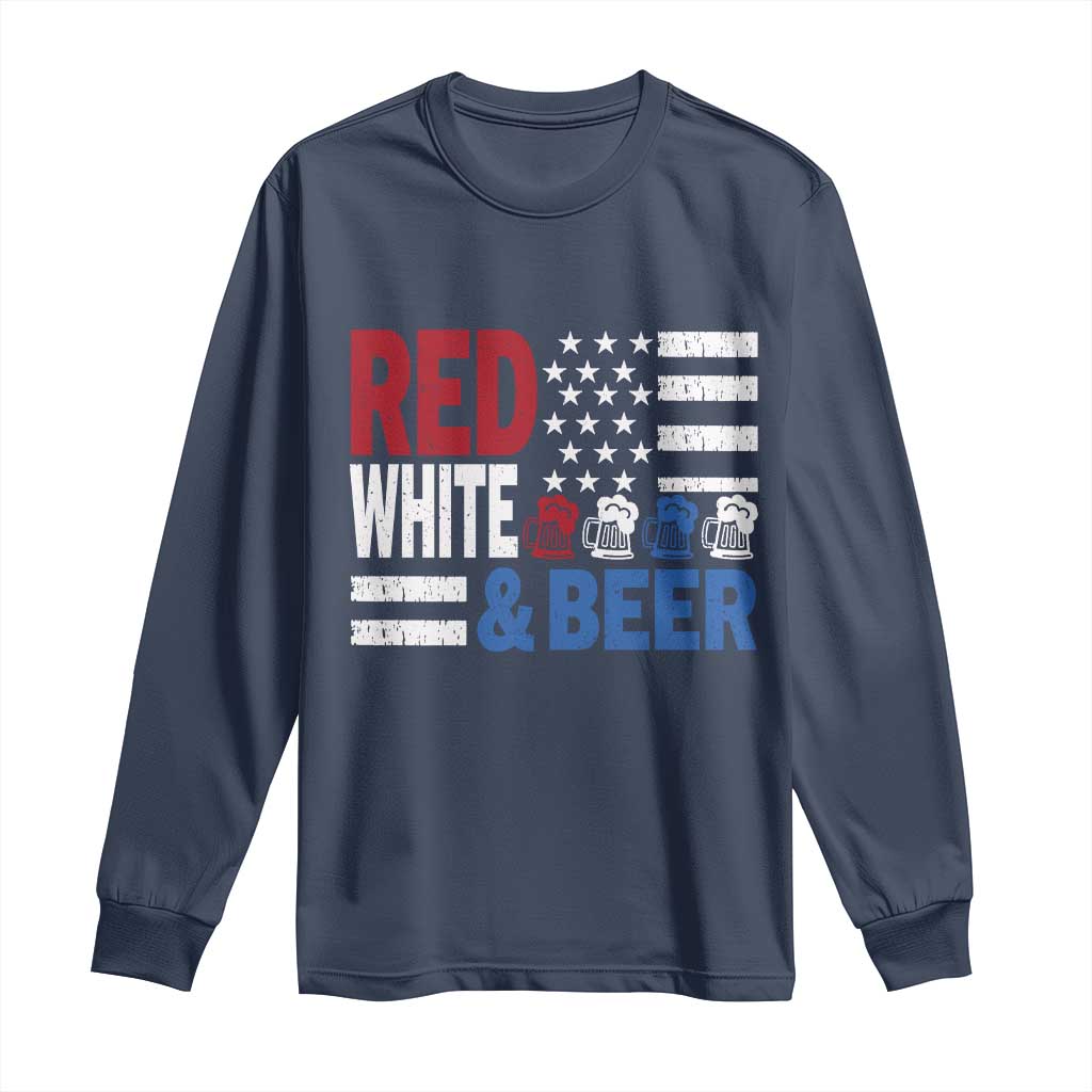 Funny American Drinking Long Sleeve Shirt Red White And Beer 4th Of July USA Flag TS11 Navy Print Your Wear