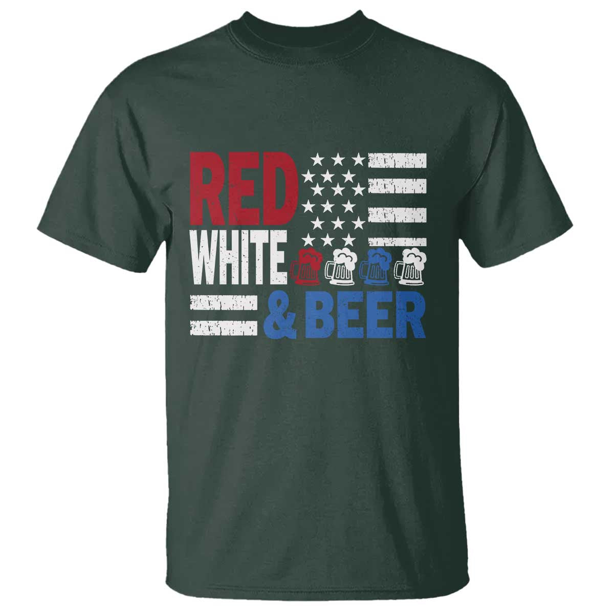Funny American Drinking T Shirt Red White And Beer 4th Of July USA Flag TS11 Dark Forest Green Print Your Wear