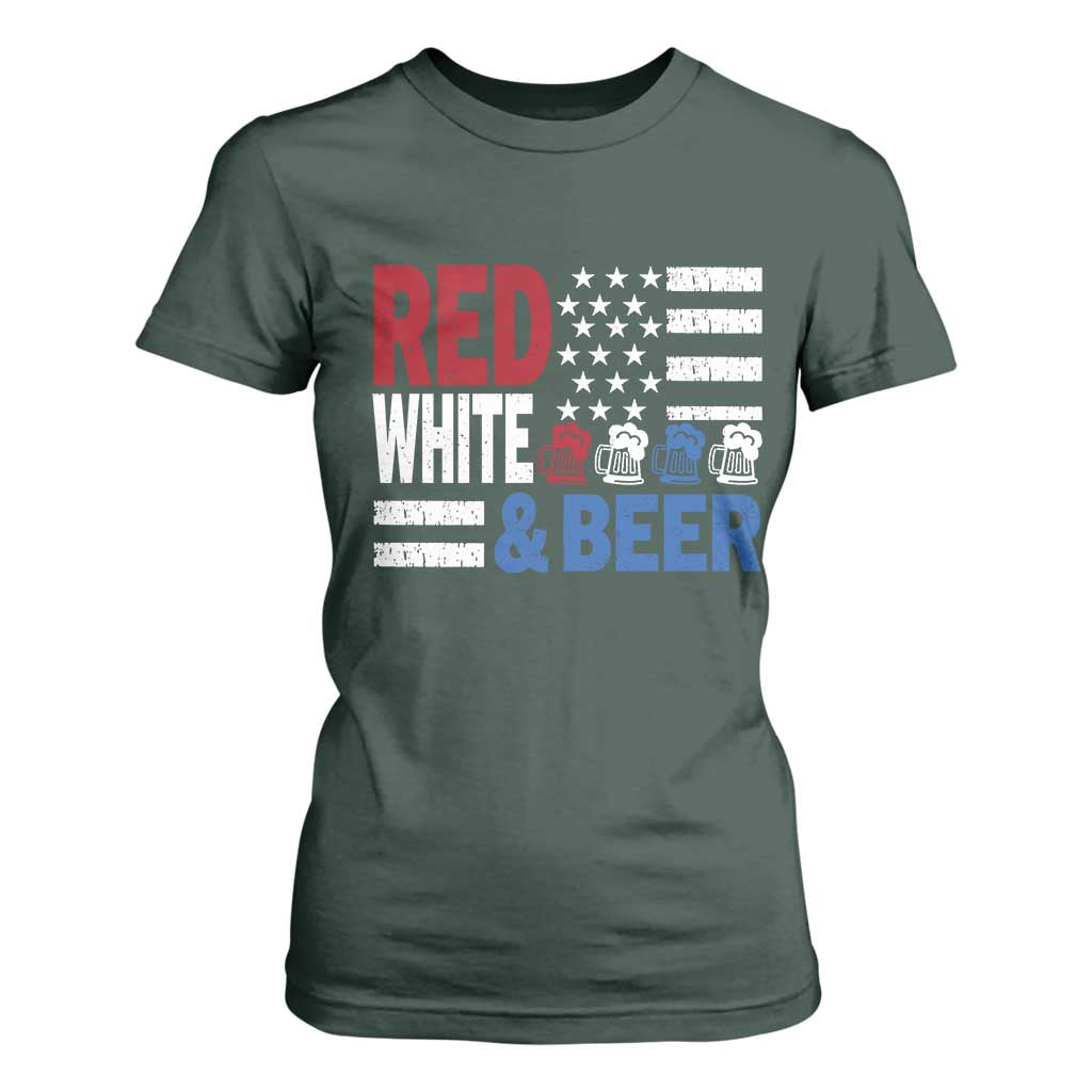 Funny American Drinking T Shirt For Women Red White And Beer 4th Of July USA Flag TS11 Dark Forest Green Print Your Wear