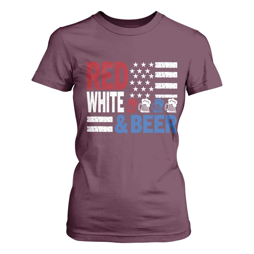 Funny American Drinking T Shirt For Women Red White And Beer 4th Of July USA Flag TS11 Maroon Print Your Wear