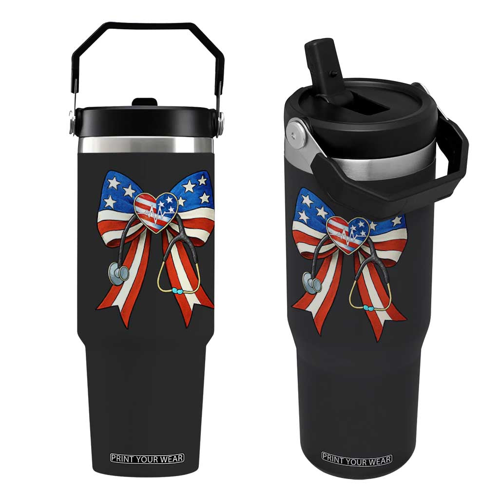 Funny 4th Of July Nurse American Flag Coquette Bow Flip Straw Tumbler TS11 One Size: 30 oz Black Print Your Wear