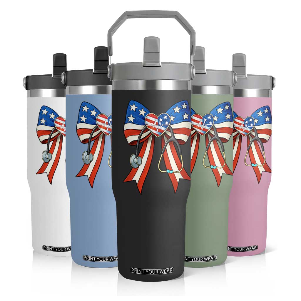 Funny 4th Of July Nurse American Flag Coquette Bow Flip Straw Tumbler TS11 Print Your Wear