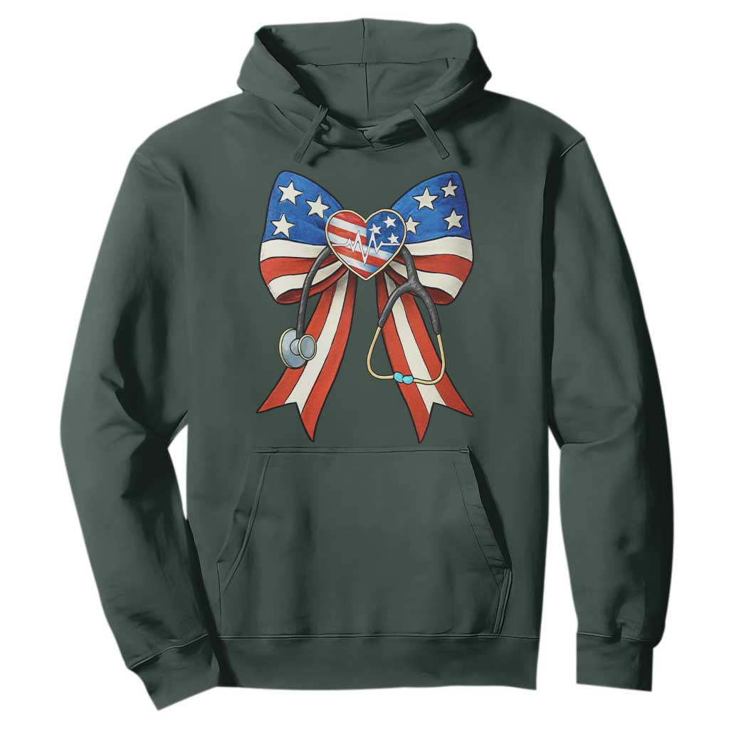 Funny 4th Of July Nurse American Flag Coquette Bow Hoodie TS11 Dark Forest Green Print Your Wear